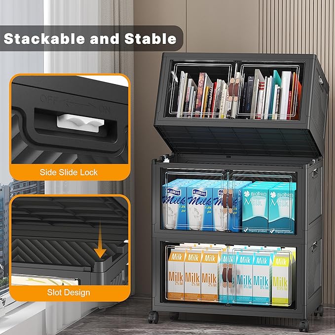 UAMFURI Extra Large Stackable Storage Bins with Lids & Wheels & Door, 156QT-52QT/13GAL*3Pack Foldable Collapsible Closet Organizers, Plastic containers drawers for bedroom Dorm