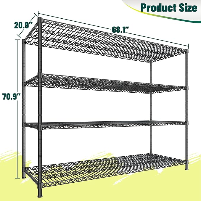 DurayLoly 2500 LBS Shelf Storage Shelves 68.1" W Wire Shelving Unit, Garage Shelving Heavy Duty, Adjustable Metal Shelving for Garage, Pantry, Kitchen, Basement, Business 68.1" W x 20.9" D x 70.9" H