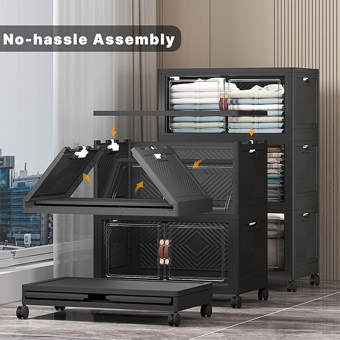 UAMFURI Extra Large Stackable Storage Bins with Lids & Wheels & Door, 672QT-112QT/28GAL*6Pack Foldable Collapsible Closet Organizers, Plastic containers drawers for bedroom Dorm