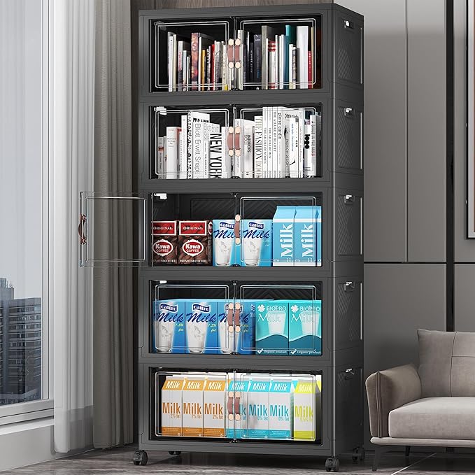 UAMFURI Extra Large Stackable Storage Bins with Lids & Wheels & Door, 260QT-52QT/13GAL*5Pack Foldable Collapsible Closet Organizers, Plastic containers drawers for bedroom Dorm