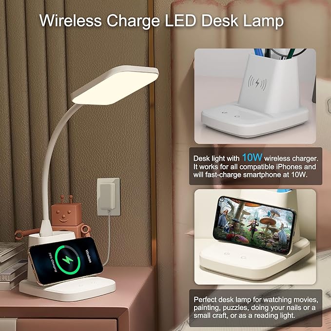 Sailstar Upgraded LED Desk Lamp with Wireless Charger, White Small Desk Light with Pen Holder, 3 Color Modes, CRI 85, 800 Lumen, Study Lamps for College Dorm Room, Home Office, Adapter Included