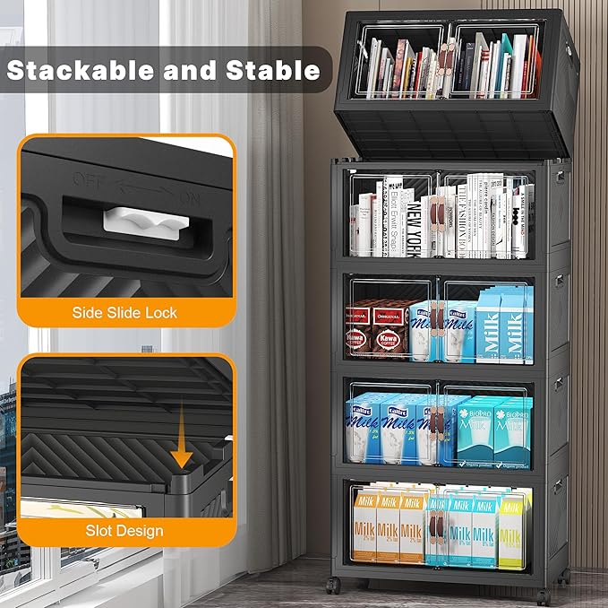 UAMFURI Extra Large Stackable Storage Bins with Lids & Wheels & Door, 260QT-52QT/13GAL*5Pack Foldable Collapsible Closet Organizers, Plastic containers drawers for bedroom Dorm