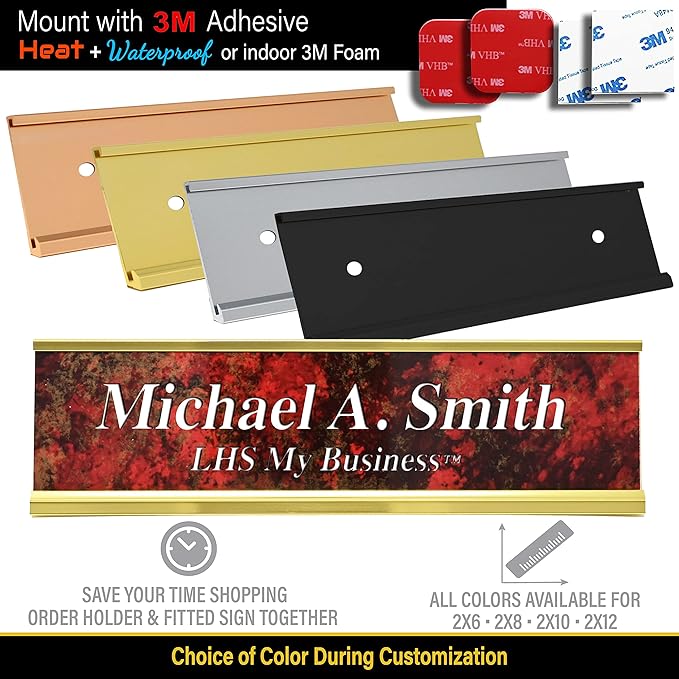 Personalized Name Plate with Choice of Mounting Holders for Walls, Doors, Cubicles, Hanging and More - Custom Purple Plastic White Letters - USA Made 2x12 - B13