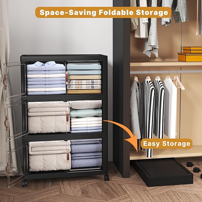 UAMFURI Extra Large Stackable Storage Bins with Lids & Wheels & Door, 672QT-112QT/28GAL*6Pack Foldable Collapsible Closet Organizers, Plastic containers drawers for bedroom Dorm