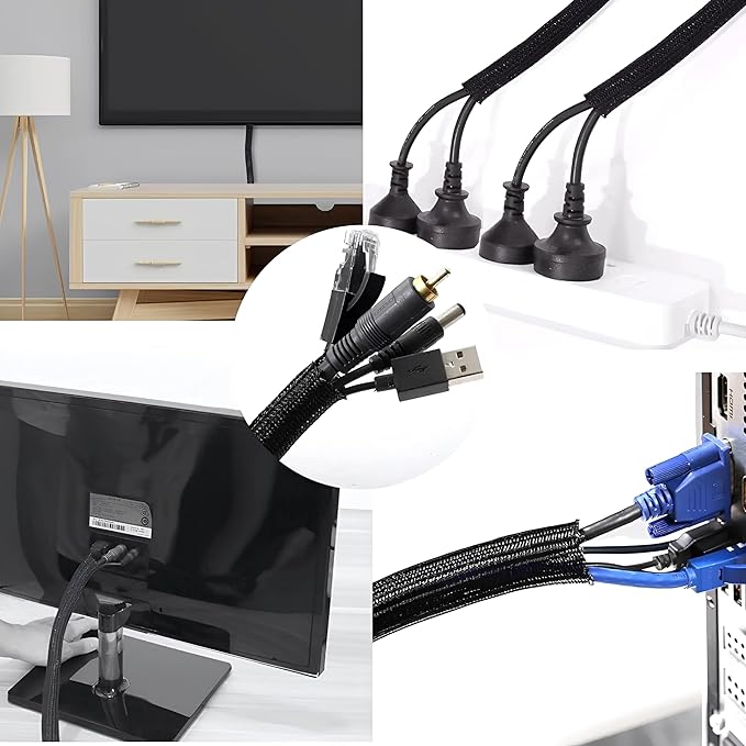 10ft - 1/4 inch Cord Protector Wire Loom Tubing Cable Sleeve Split Sleeve for USB Cable Power Cord Audio Video Cable - Management for TV Computer - Protect Cat from Chewing Cords - Black