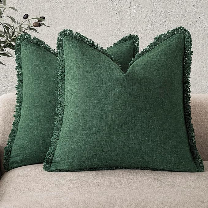 Foindtower Set of 2 Decorative Linen Fringe Throw Pillow Covers Cozy Boho Farmhouse Cushion Cover with Tassels Soft Accent Pillowcase for Couch Sofa Bed Living Room Home Decor, 24×24 Inch, Pine Green