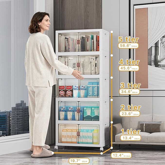 UAMFURI Extra Large Stackable Storage Bins with Lids & Wheels & Door, 260QT-52QT/13GAL*5Pack Foldable Collapsible Closet Organizers, Plastic containers drawers for bedroom Dorm