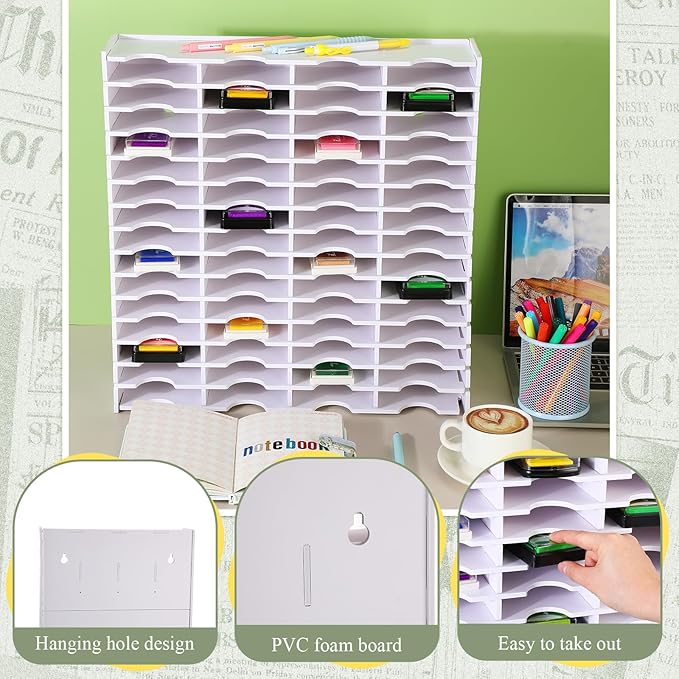 Sunnychicc 1 Pack 60 Grids Ink Pad Storage Holder Stamp Organizer, Ink Pad Stamp Holder Storage Rack for Home Office Crafts School Supplies, White