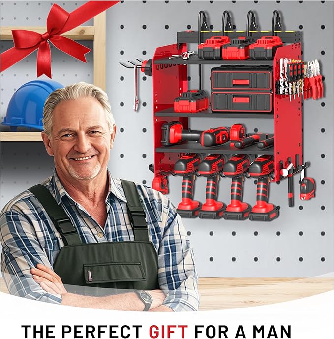 Power Tool Organizer Wall Mount with Charging Station, Garage Storage Rack for Cordless Drill, Tool Battery, Bit and Screwdriver, Utility Shelf with Power Strip and Hooks (3 Layer)