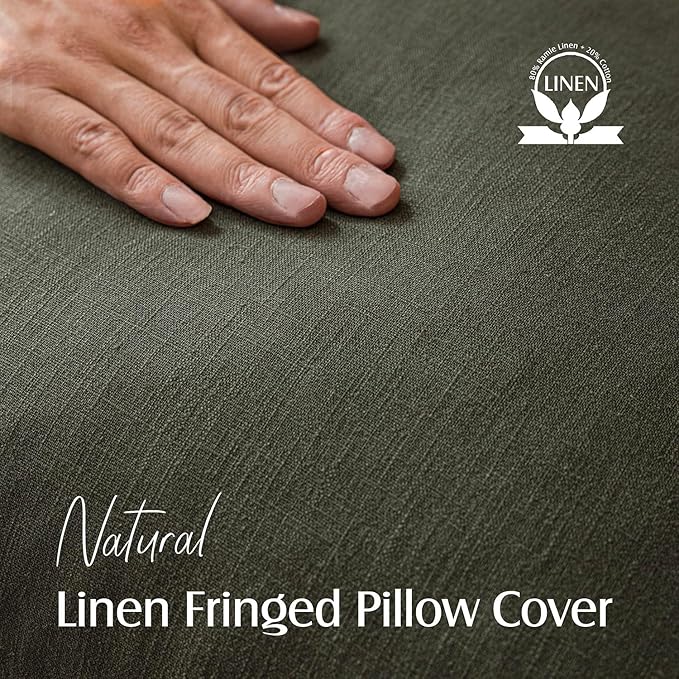 Foindtower Set of 2 Decorative Linen Fringe Throw Pillow Covers Cozy Farmhouse Cushion Cover with Tassels Accent Pillowcase for Couch Chair Sofa Bed Living Room Home Decor,16×16 Inch,Dark Olive Green