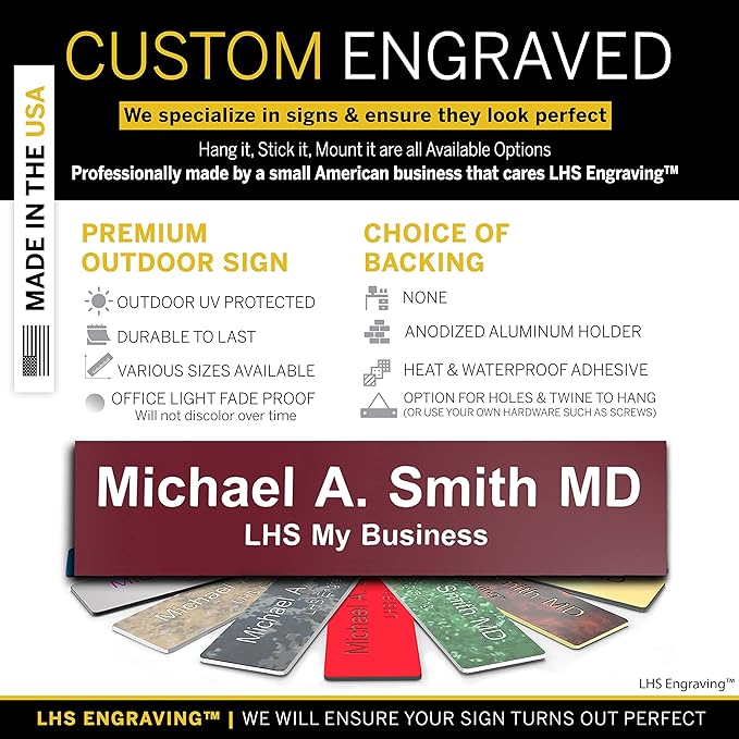 Personalized Name Plate with Choice of Mounting Holders for Walls, Doors, Cubicles, Hanging and More - Custom Burgandy Plastic White Letters - USA Made 2x10 - B26