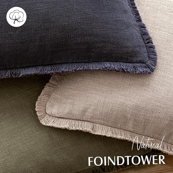 Foindtower Set of 2 Decorative Linen Fringe Throw Pillow Covers Farmhouse Cushion Cover with Tassels Soft Accent Pillowcase for Couch Chair Sofa Bed Living Room Home Decor,20×20 Inch,Natural Linen