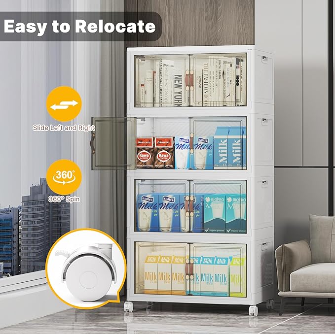 UAMFURI Extra Large Stackable Storage Bins with Lids & Wheels & Door, 208QT-52QT/13GAL*4Pack Foldable Collapsible Closet Organizers, Plastic containers drawers for bedroom Dorm