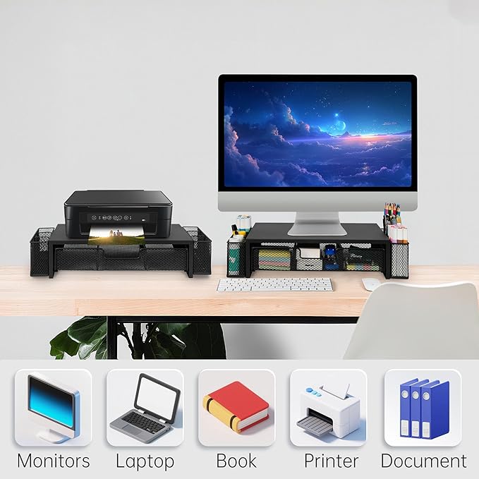 Qupui Computer Monitor Stand Riser with Drawer and Pen Holders, Desk Organizer Shelf and Accessories, Office Desk Accessories, Office Organization, Black