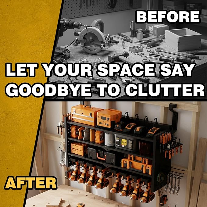 VDEVY Power Tool Organizer Wall Mount with Charging Station, Heavy-Duty Metal Garage Tool Storage Rack & 8 Outlet Power Strip, 33 Inch Long 4 Tier Shelves for Workshop Organization