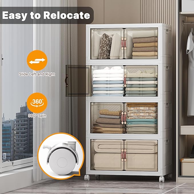 UAMFURI Extra Large Stackable Storage Bins with Lids & Wheels & Door, 896QT-112QT/28GAL*8Pack Foldable Collapsible Closet Organizers, Plastic containers drawers for bedroom Dorm