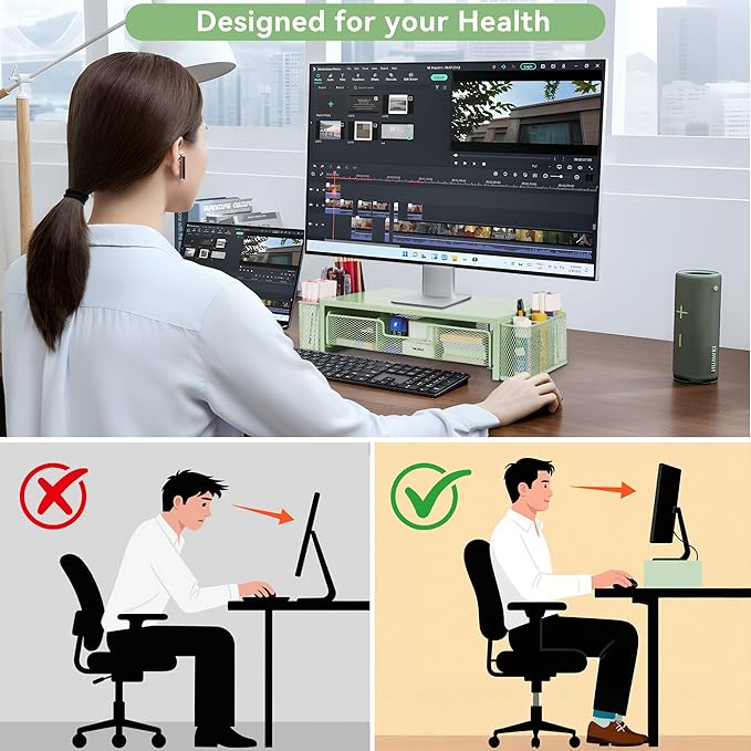 Qupui Computer Monitor Stand Riser with Drawer and Pen Holders, Desk Organizer Shelf and Accessories, Office Desk Accessories, Office Organization, Green