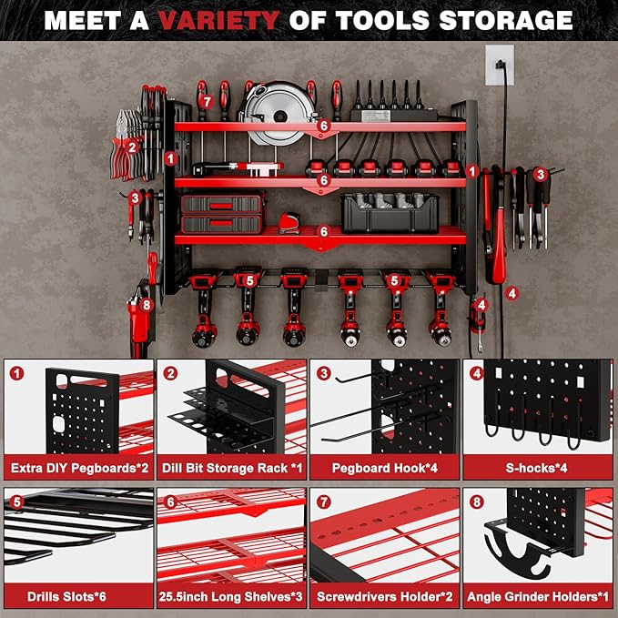 NattyDot Power Tool Organizer Wall Mount with Charging Station 4 Layer 6 Slot Cordless Drill Holder with Angle Grinder Holder (Red)