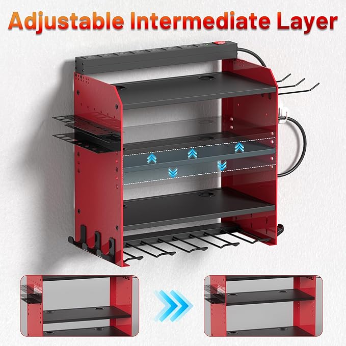 Power Tool Organizer Wall Mount with Charging Station, Garage Storage Rack for Cordless Drill, Tool Battery, Bit and Screwdriver, Utility Shelf with Power Strip and Hooks (3 Layer)