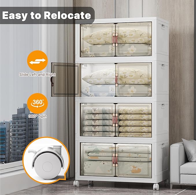 UAMFURI Extra Large Stackable Storage Bins with Lids & Wheels & Door, 640QT-160QT/40GAL*4Pack Foldable Collapsible Closet Organizers, Plastic Containers Drawers for Bedroom Dorm Garage Sturdy MAX