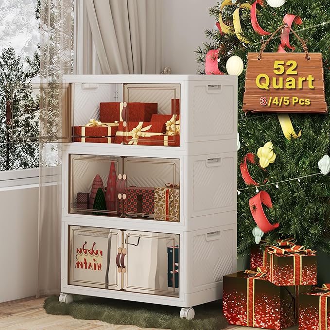 UAMFURI Extra Large Stackable Storage Bins with Lids & Wheels & Door, 156QT-52QT/13GAL*3Pack Foldable Collapsible Closet Organizers, Plastic containers drawers for bedroom Dorm