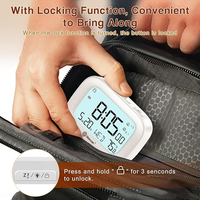 Geevon Small Travel Alarm Clock, Digital Alarm Clocks for Bedrooms Home Office, Battery Operated Desk Clock with 3 Inch Large Display, 2 Alarms, 5s Backlight, Snooze, Indoor Temperature, White