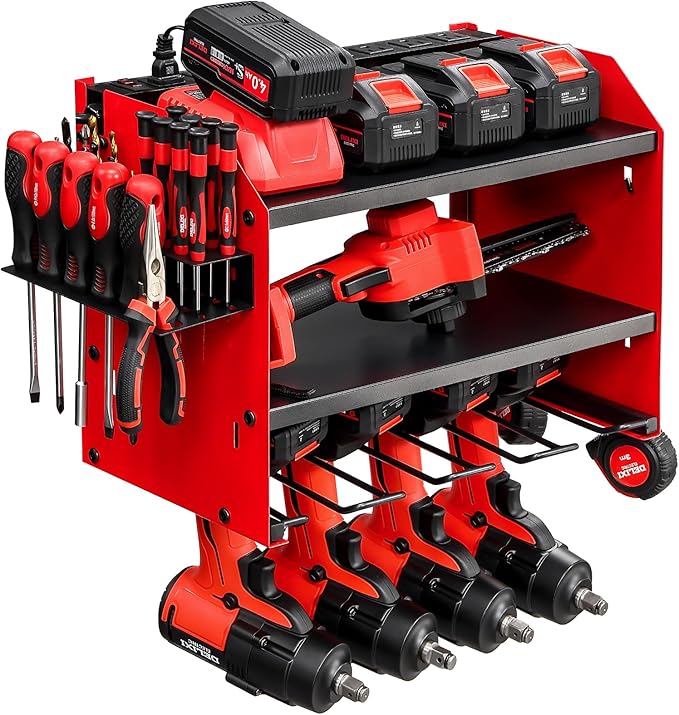 Power Tool Organizer Wall Mount with Charging Station, Heavy Duty 3 Layer Garage Tool Storage with 4 Cordless Drill Holder and 8 Outlet Power Strip, Gift for Men Husband Dad Birthday Anniversary red