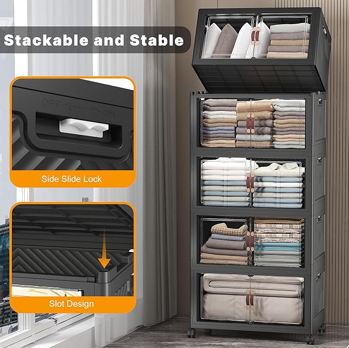 UAMFURI Extra Large Stackable Storage Bins with Lids & Wheels & Door, 560QT-112QT/28GAL*5Pack Foldable Collapsible Closet Organizers, Plastic containers drawers for bedroom Dorm
