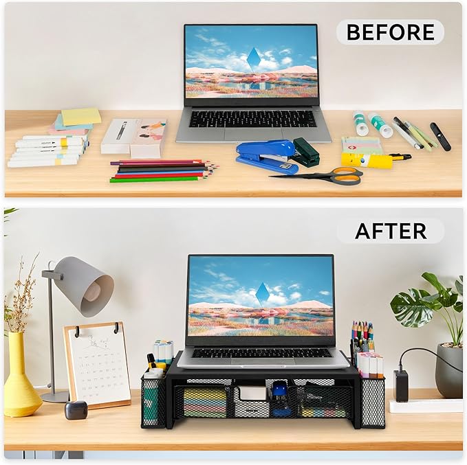 Qupui Computer Monitor Stand Riser with Drawer and Pen Holders, Desk Organizer Shelf and Accessories, Office Desk Accessories, Office Organization, Black