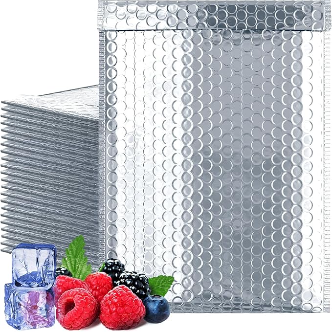 Amiff Silver Thermal Bubble Mailer, 8 x 11 Inches. 100 Pack Metallic Bubble Mailers. Self-Seal Insulated Mailers for Cold Shipping. Padded Envelopes Waterproof. Thermal Bag for Food, Cosmetics