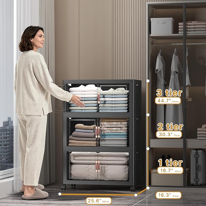 UAMFURI Extra Large Stackable Storage Bins with Lids & Wheels & Door, 336QT-112QT/28GAL*3Pack Foldable Collapsible Closet Organizers, Plastic containers drawers for bedroom Dorm