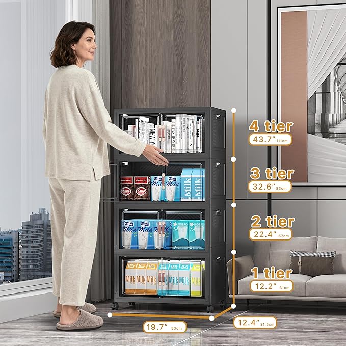 UAMFURI Extra Large Stackable Storage Bins with Lids & Wheels & Door, 416QT-52QT/13GAL*8Pack Foldable Collapsible Closet Organizers, Plastic containers drawers for bedroom Dorm