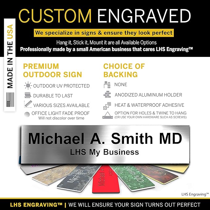 Custom Name Plate with Choice of Mounting for Walls, Doors, Cubicles, Hanging and More - Personalized Brushed Silver Plastic Black Letters - USA Made 2x10 - M1