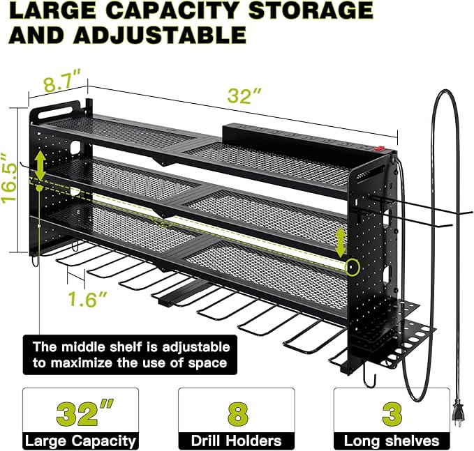 NattyDot Power Tool Organizer Wall Mount with Charging Station,Cordless Tool Organizer 8 Drill Holder, 4 Layer Storage Rack for Garage Organization,Tool Holder with 8 Outlet Power Strip (Black)