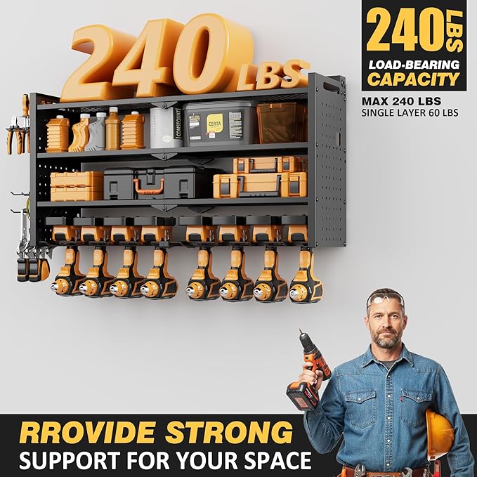 VDEVY Power Tool Organizer Wall Mount with Charging Station, Heavy-Duty Metal Garage Tool Storage Rack & 8 Outlet Power Strip, 33 Inch Long 4 Tier Shelves for Workshop Organization