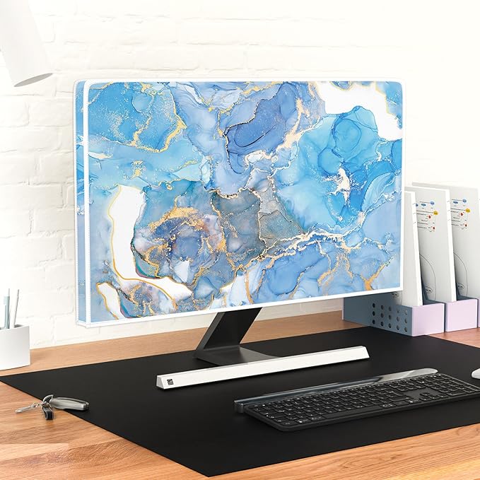 Baocicco Baby Blue Gold Marble Waterproof Computer Monitor Dust Cover 26, 27, 28 Inch Modern Monitor Accessories Laptop TV LCD Fashion Screen Monitor Decoration for Tablet Home Office Computer