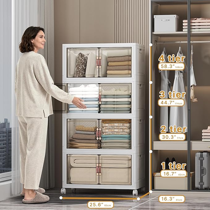 UAMFURI Extra Large Stackable Storage Bins with Lids & Wheels & Door, 448QT-112QT/28GAL*4Pack Foldable Collapsible Closet Organizers, Plastic containers drawers for bedroom Dorm