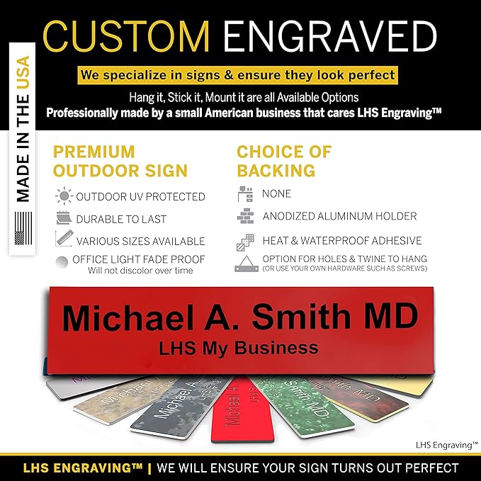 Personalized Name Plate with Choice of Mounting Holders for Walls, Doors, Cubicles, Hanging and More - Custom Red Plastic Black Letters - USA Made 2x12 - B14
