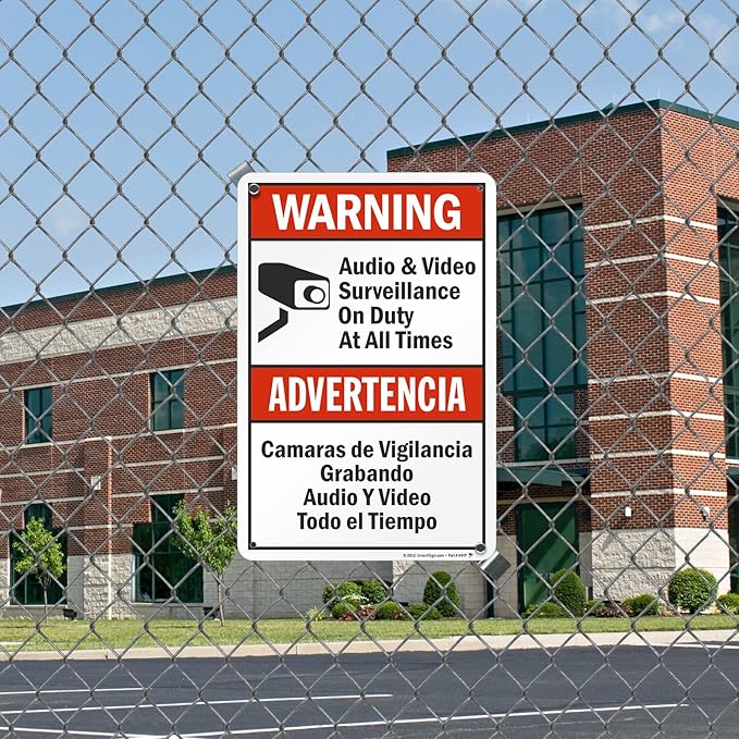 SmartSign 18 x 12 inch “Warning - Audio & Video Surveillance On Duty At All Times” Bilingual Sign, 63 mil Laminated Rustproof Aluminum, Red, Black and White, Made in USA