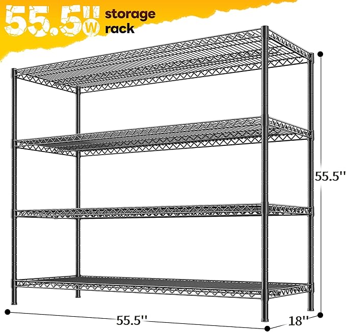 REIBII 2560LBS Storage Shelves 55.5"W Metal Shelving Unit 4 Tier Wire Shelving Commercial Adjustable Garage Shelving Heavy Duty for Storage Rack for Pantry, Garage, Kitchen,55.5"W x 18"D x 55.5"H,2PCS