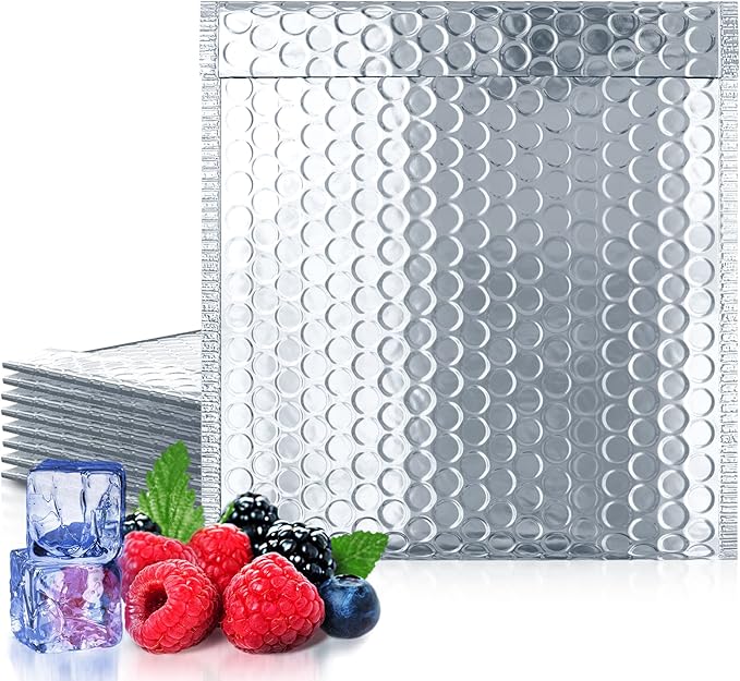Amiff Silver Thermal Bubble Mailer, 6 x 6 Inches. 10 Pack Metallic Bubble Mailers. Self-Seal Insulated Mailers for Cold Shipping. Padded Envelopes Waterproof. Thermal Bag for Food, Cosmetics