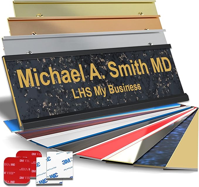Personalized Name Plate with Choice of Mounting for Walls, Doors, Desk Holders, Cubicles, Hanging and More - Custom Charocaol Marble Plastic Gold Letters - USA Made 2x8 - S6