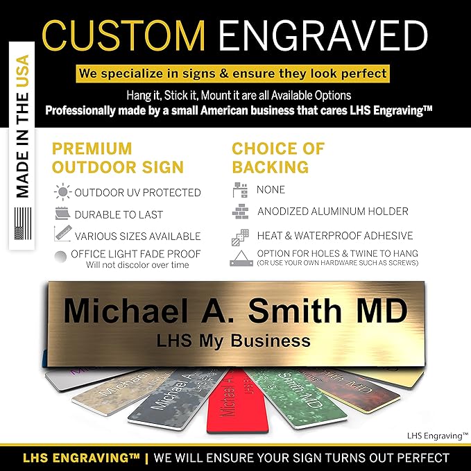 Custom Name Plate with Choice of Mounting for Walls, Doors, Cubicles, Hanging and More - Personalized Brushed Copper Plastic Black Letters - USA Made 2x10 - M5