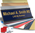 Custom Name Plate with Choice of Mounting for Walls, Doors, Cubicles, Hanging and More - Personalized Navy Blue Plastic Gold Letters - USA Made 2x10 - B10