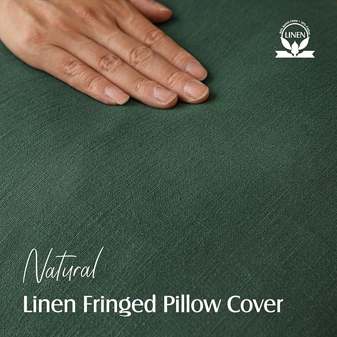 Foindtower Set of 2 Decorative Linen Fringe Throw Pillow Covers Cozy Boho Farmhouse Cushion Cover with Tassels Soft Accent Pillowcase for Couch Sofa Bed Living Room Home Decor, 24×24 Inch, Pine Green