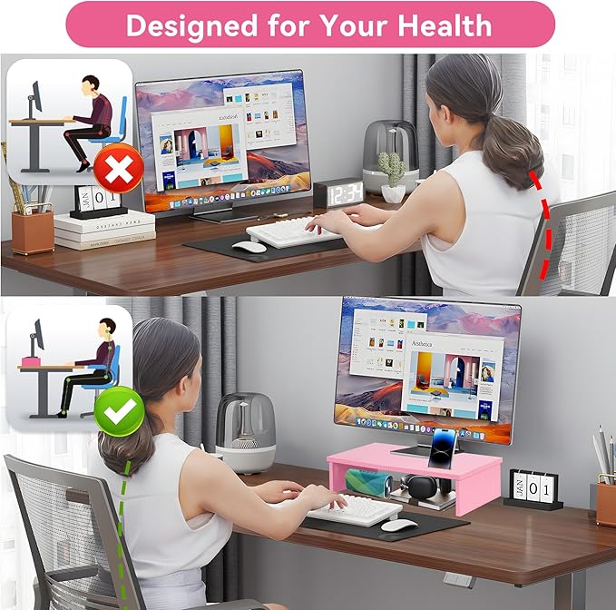 Qupui 21" Monitor Stand Riser with Phone Holder, Monitor Stand for Desk, Computer Monitor Stand, Desk Shelf for Top of Desk, Desktop Organizer for Laptop, Printer, TV