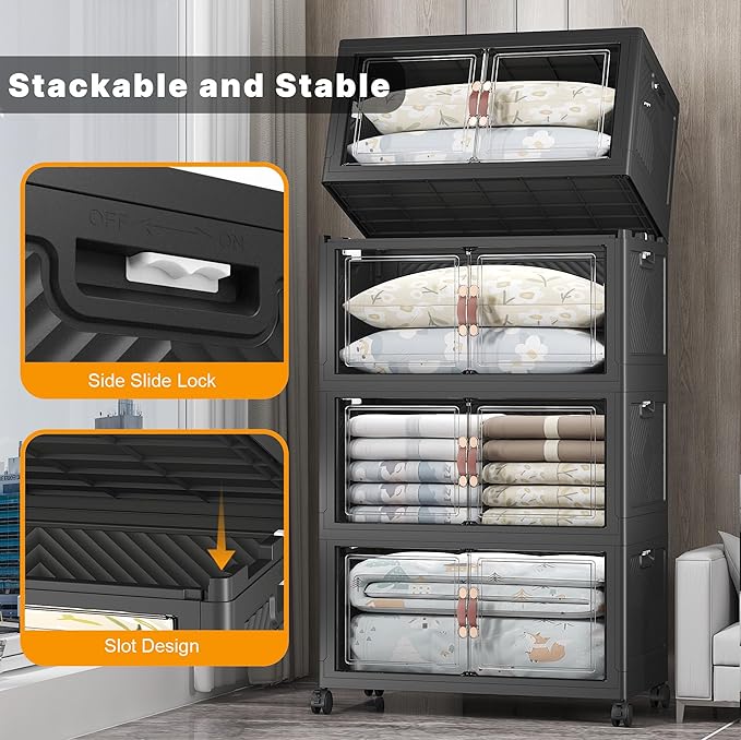 UAMFURI Extra Large Stackable Storage Bins with Lids & Wheels & Door, 1280QT-160QT/40GAL*8Pack Foldable Collapsible Closet Organizers, Plastic containers drawers for bedroom Dorm