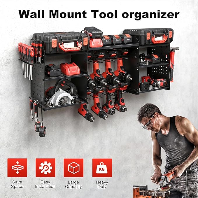 ERVNYNT 3 layers power tool organizer Loads 150lbs with 8 Cordless Drill Holder and 8 Outlet Power Strip,it’s good choice for husband birthday gift,black