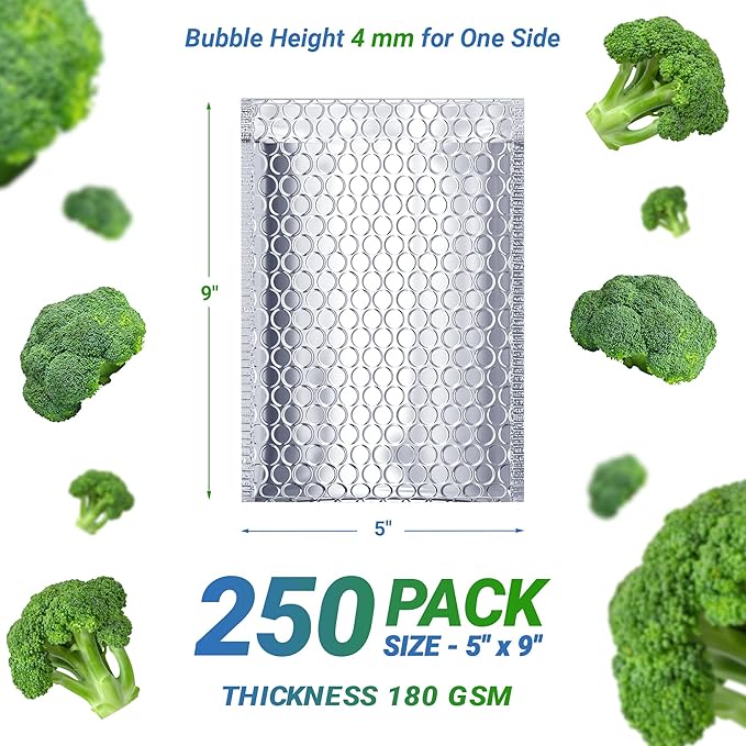Amiff Silver Thermal Bubble Mailer, 5 x 9 Inches. 250 Pack Metallic Bubble Mailers. Self-Seal Insulated Mailers for Cold Shipping. Padded Envelopes Waterproof. Thermal Bag for Food, Cosmetics