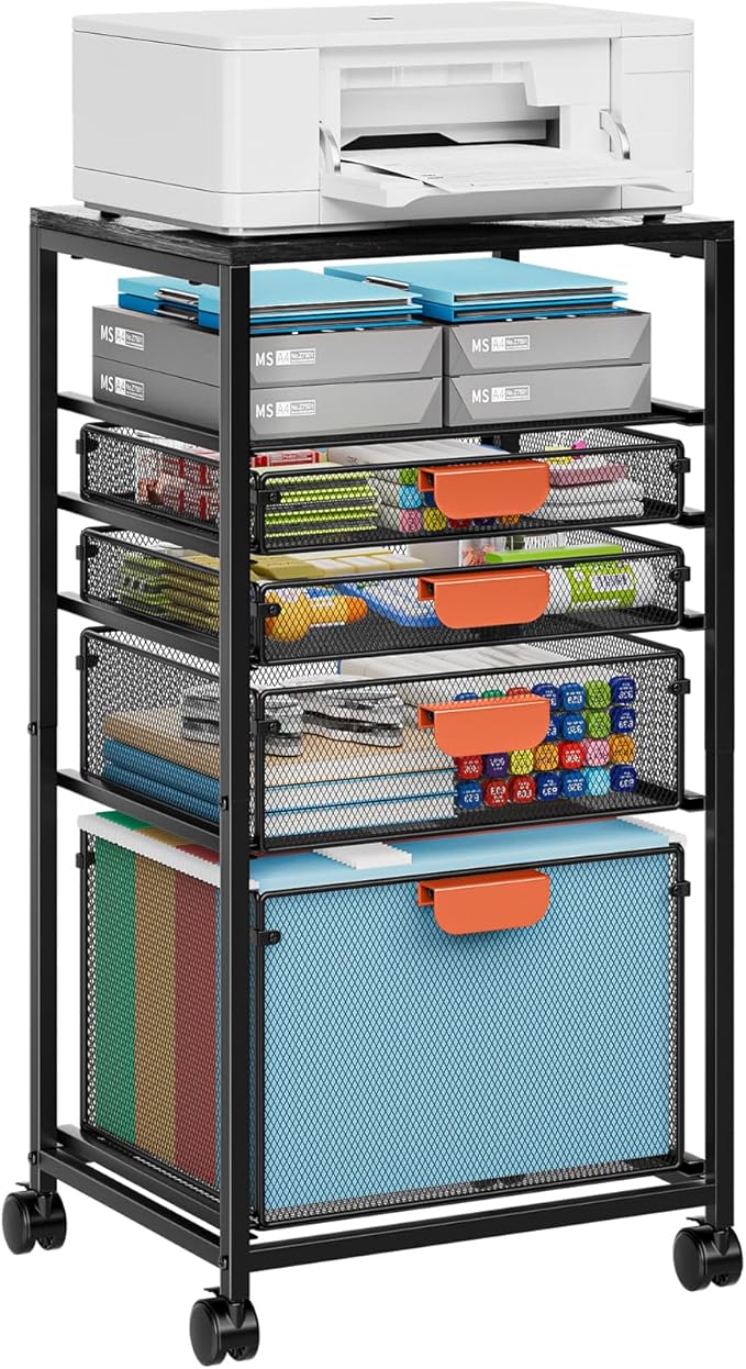 Marbrasse Rolling File Cart with 4 Storage Drawers, Mobile File Cabinet on Lockable Wheels, Hanging Filing Cabinet Organize, Under Desk Utility Cart for Home Office